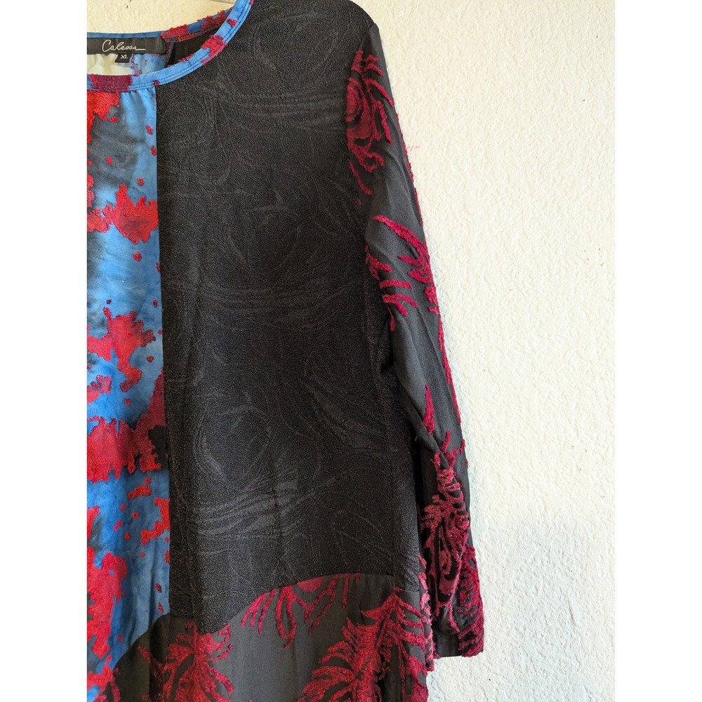 Calessa Womens XL Red‎ Blue Black Abstract Burnout Velvet Patchwork Tunic Top - Picture 8 of 15